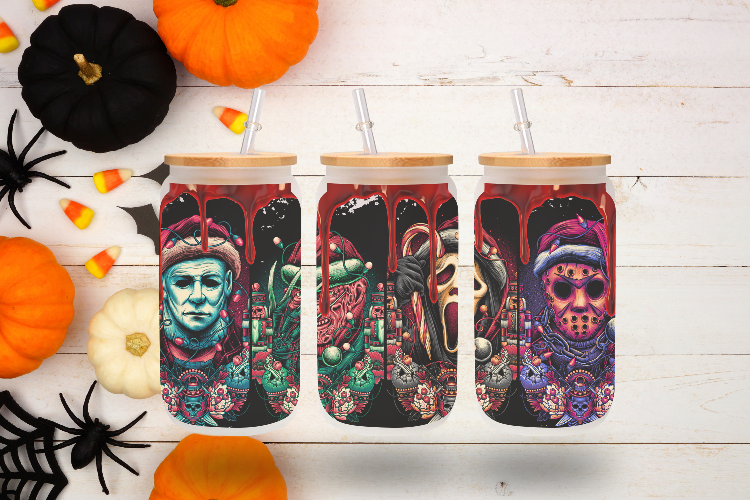Christmas Horror-Themed Frosted Glass Cup - 16oz with Bamboo Lid & Straw