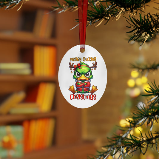 Merry Duckling Christmas Oval Metal Ornament