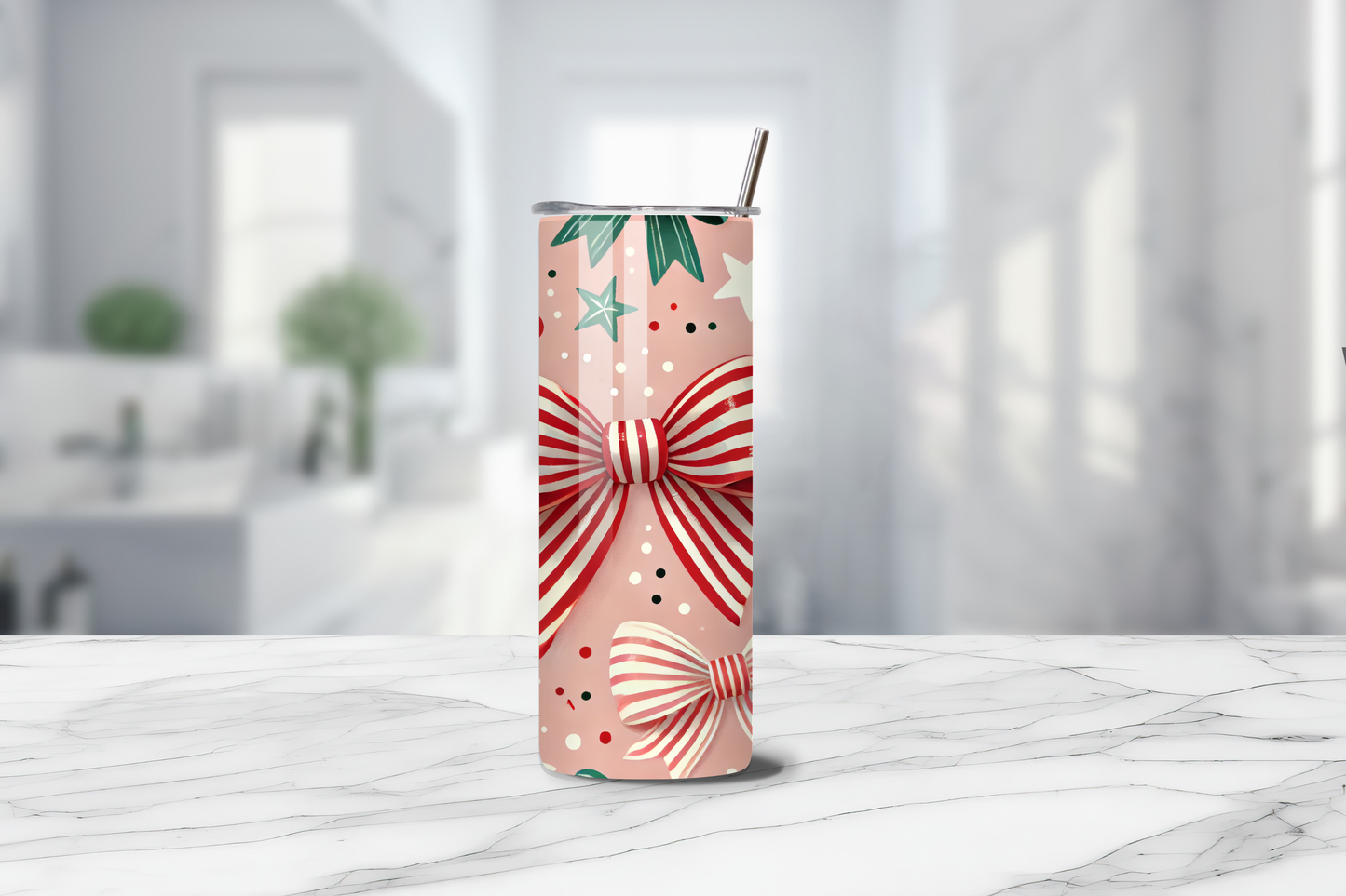 Candy Cane Bow 20oz Handmade Tumbler with Straw & Random Straw Topper