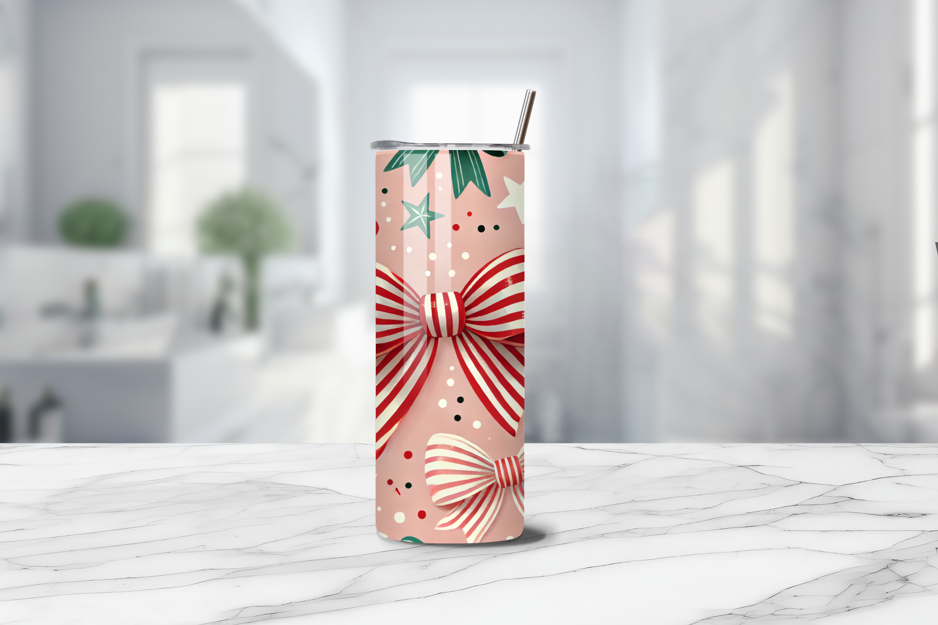 Candy Cane Bow 20oz Handmade Tumbler with Straw & Random Straw Topper