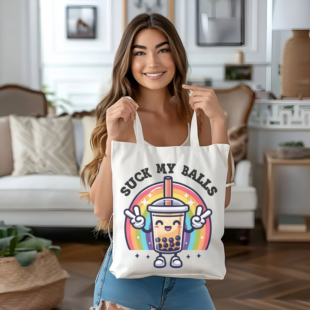 “Suck My Balls” Bubble Tea Tote Bag – Fun and Quirky Boba Lover’s Tote
