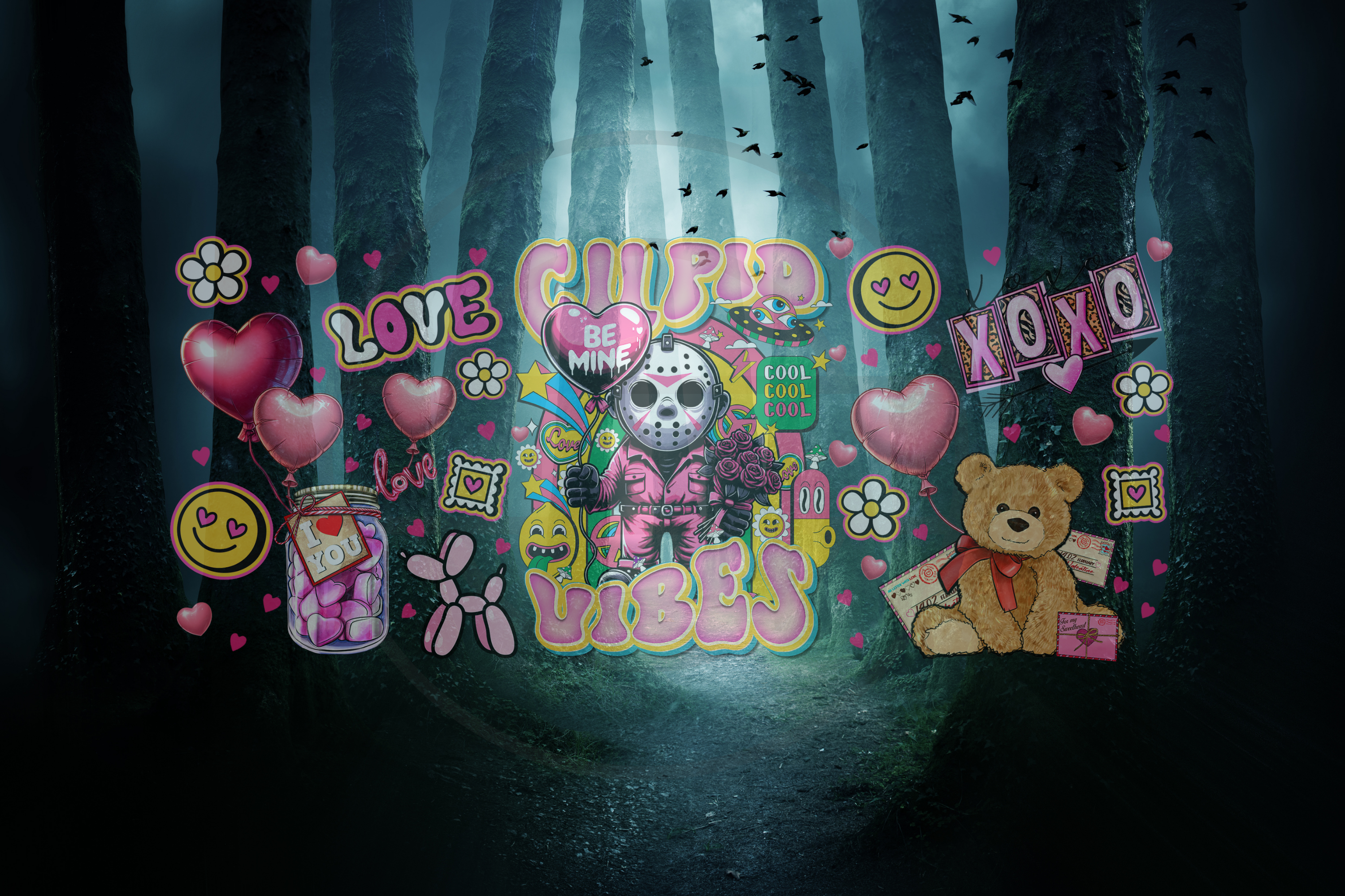 Jason Cupid Vibes"Valentine's Day/Horror Design 16 oz Frosted Glass Cup with Bamboo Lid & Straw