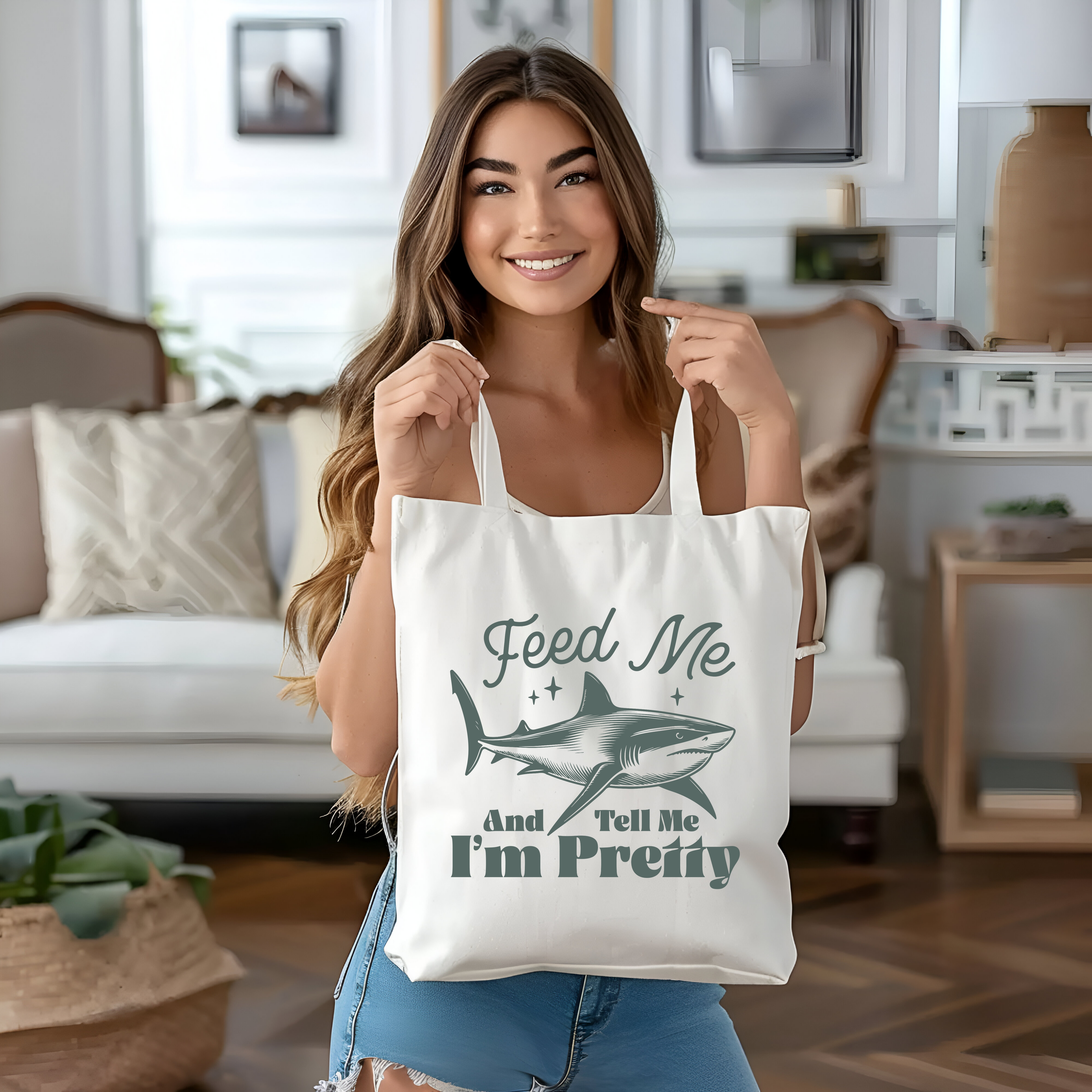 “Feed Me and Tell Me I'm Pretty” Tote Bag – Fun Shark Design