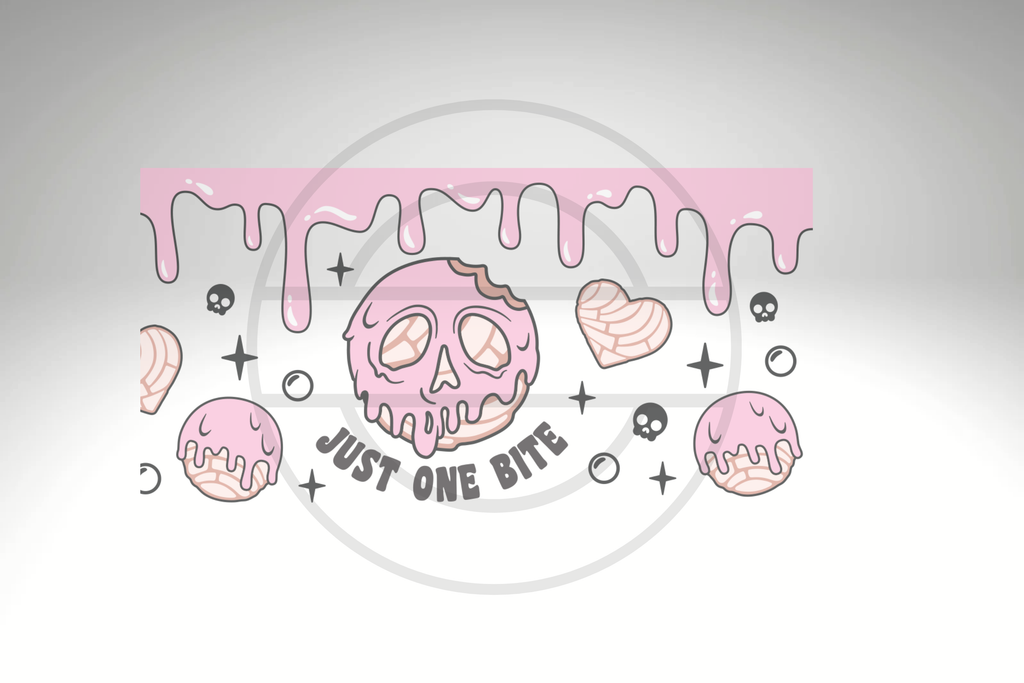 Just One Bite Pink Dripping Skull Donut Design 16 oz Frosted Glass Cup with Bamboo Lid & Straw