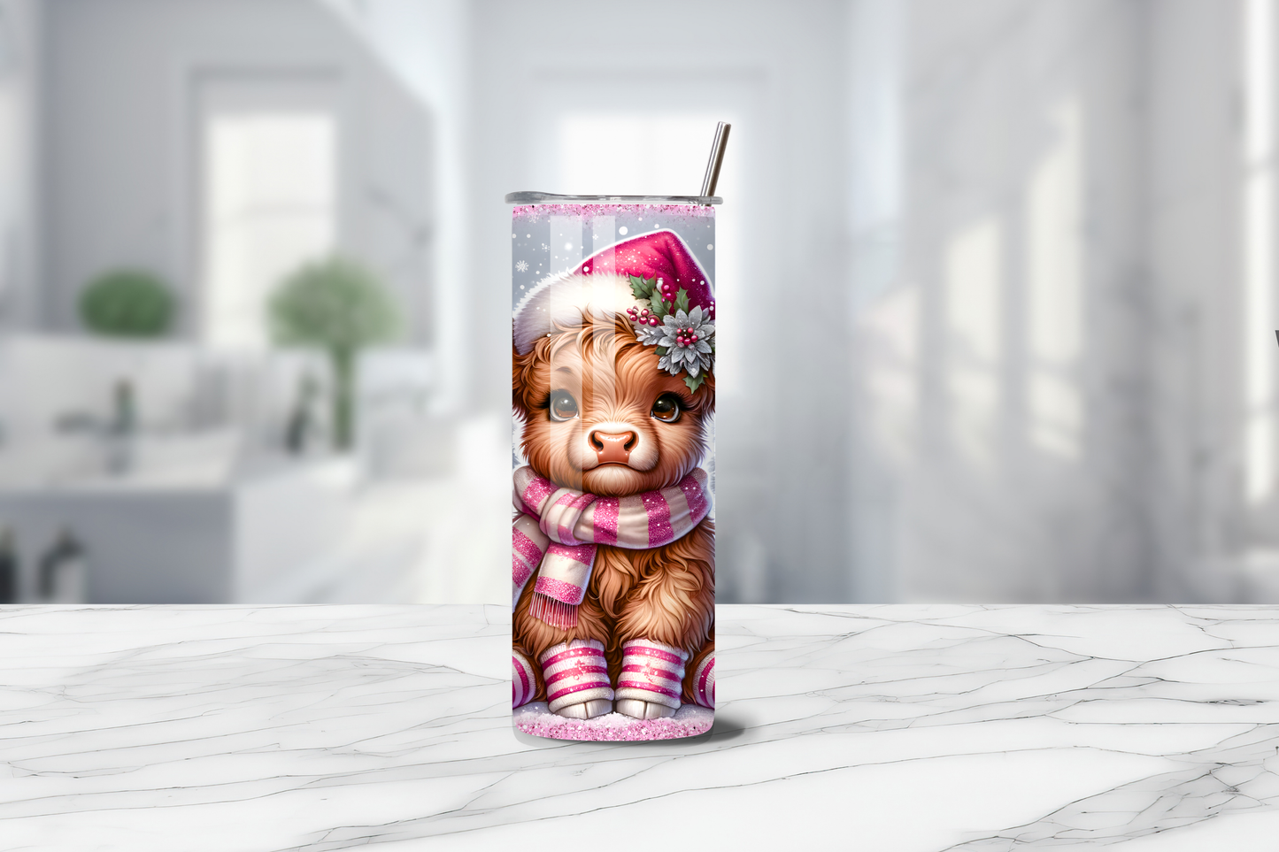 Holiday Highland Cow 20oz Handmade Tumbler with Straw & Random Straw Topper