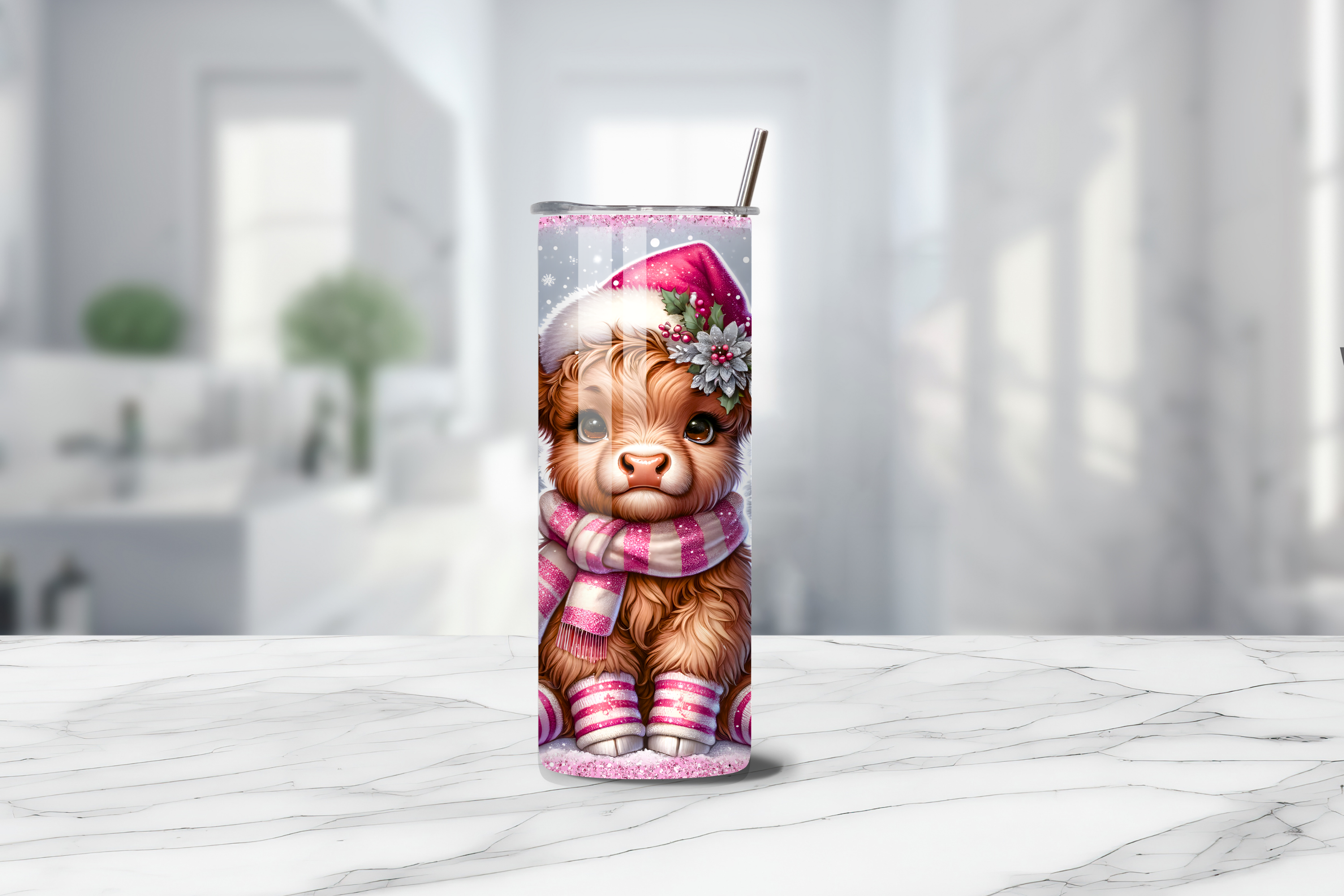 Holiday Highland Cow 20oz Handmade Tumbler with Straw & Random Straw Topper