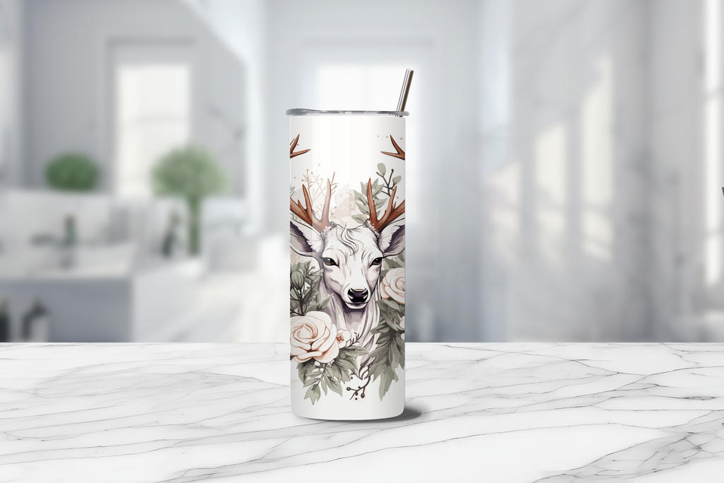 Winter Deer Floral 20oz Handmade Tumbler with Straw & Random Straw Topper