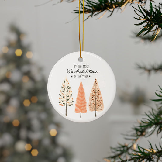 Most Wonderful Time of the Year Cozy Trees Ceramic Ornament (1pc, 3pcs, 5pcs, 10pcs)