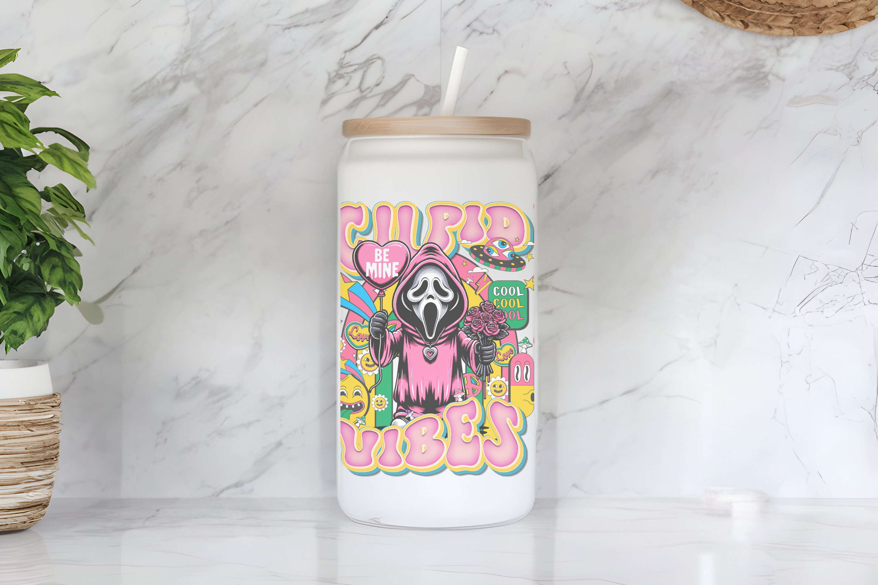 Ghostface  Cupid Vibes Horror Valentine Design 16 oz Frosted Glass Cup with Bamboo Lid & Straw