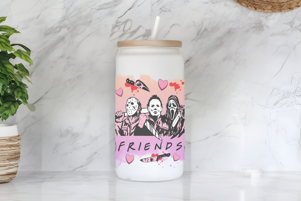 Horror Friends and Valentine’s Day Design 16 oz Frosted Glass Cup with Bamboo Lid and Straw