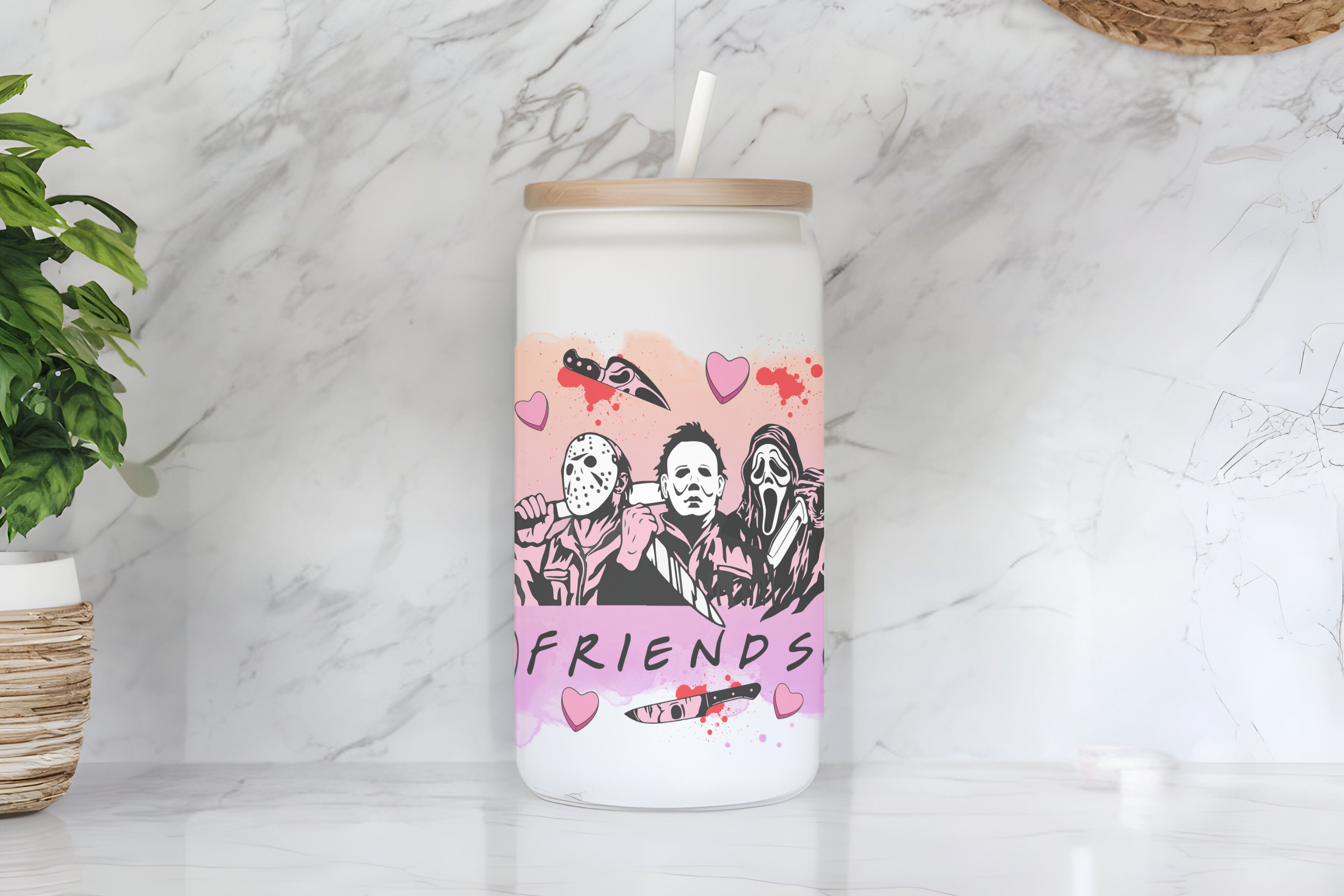 Horror Friends and Valentine’s Day Design 16 oz Frosted Glass Cup with Bamboo Lid and Straw