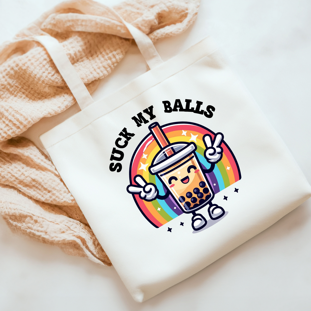 “Suck My Balls” Bubble Tea Tote Bag – Fun and Quirky Boba Lover’s Tote