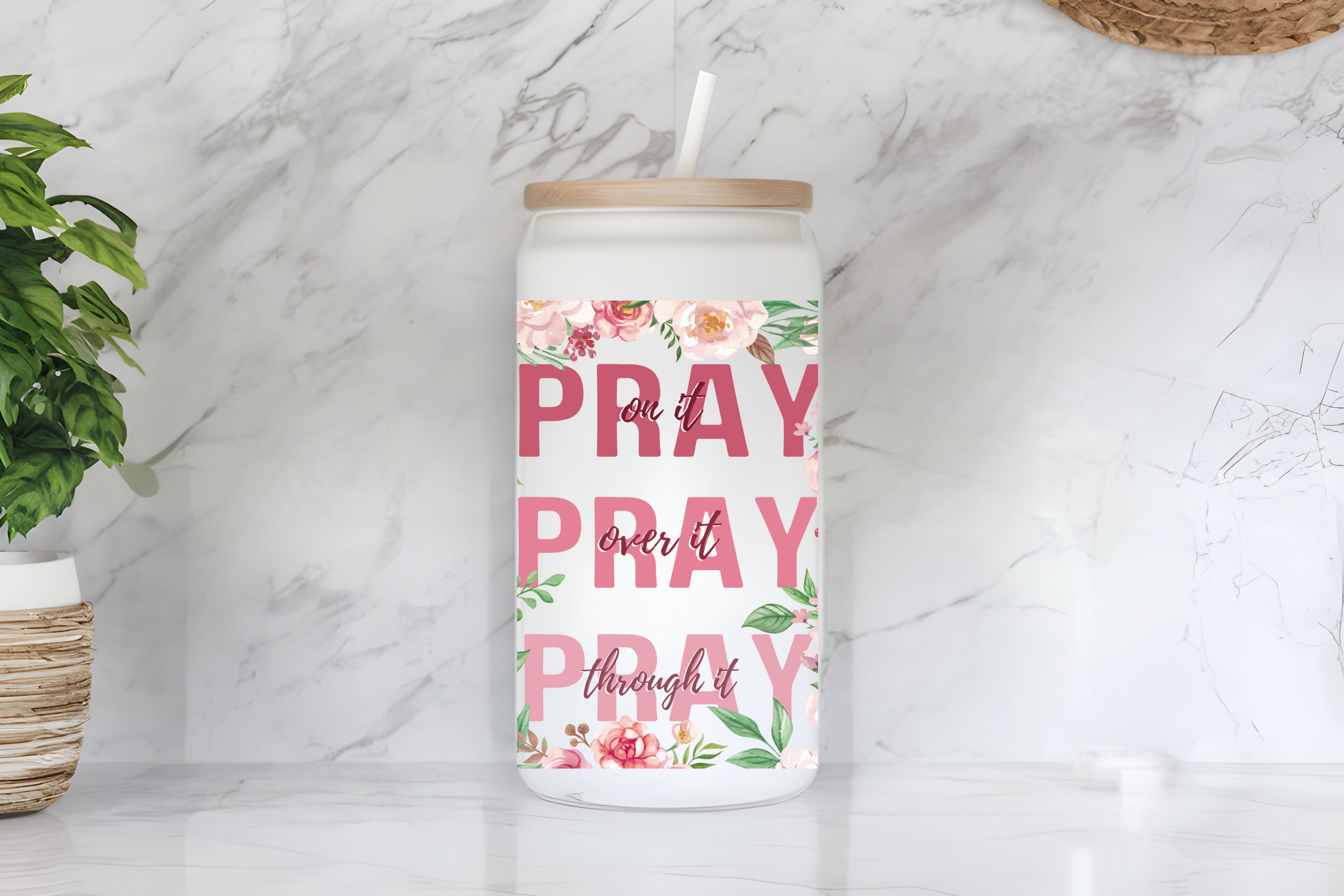 Floral "Pray On It, Over It, Through It" 16 oz Frosted Glass Cup with Bamboo Lid & Straw