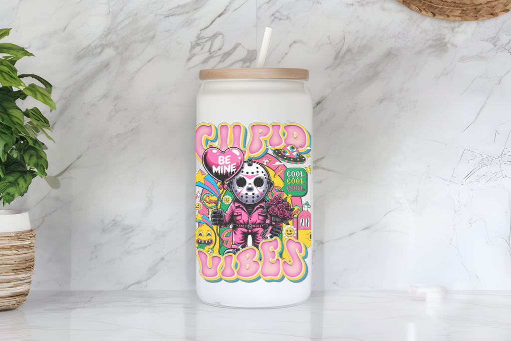 Jason Cupid Vibes"Valentine's Day/Horror Design 16 oz Frosted Glass Cup with Bamboo Lid & Straw