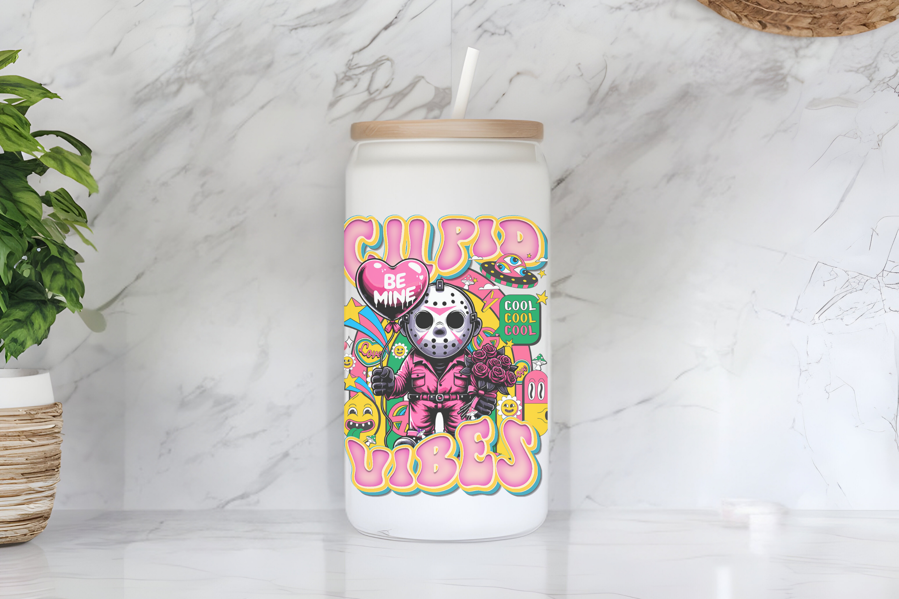 Jason Cupid Vibes"Valentine's Day/Horror Design 16 oz Frosted Glass Cup with Bamboo Lid & Straw