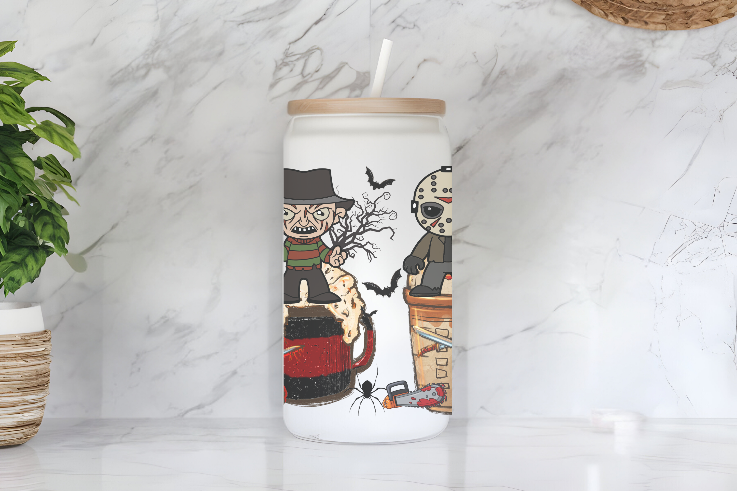 Horror Icons 16 oz Frosted Glass Cup with Bamboo Lid & Straw