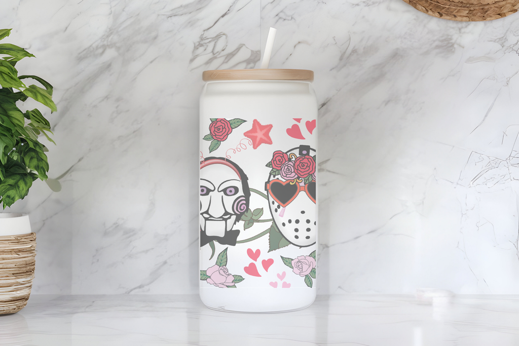 Horror love-themed cup 16 oz Frosted Glass Cup with Bamboo Lid