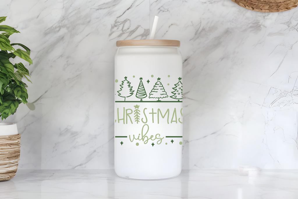 Christmas Vibes Holiday Design 16 oz Frosted Glass Cup with Bamboo Lid and Straw