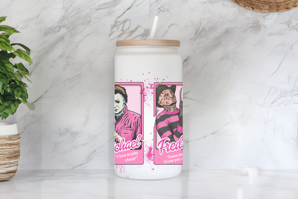 Pink Horror Icons Collection 16 oz Frosted Glass Cup with Bamboo Lid & Straw