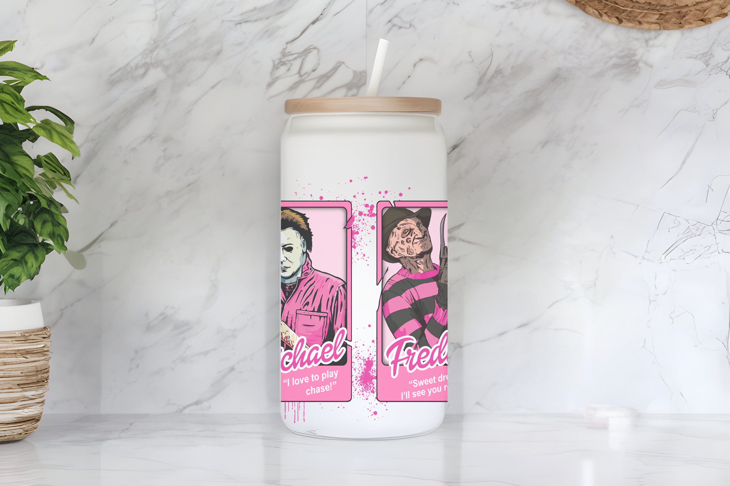 Pink Horror Icons Collection 16 oz Frosted Glass Cup with Bamboo Lid & Straw