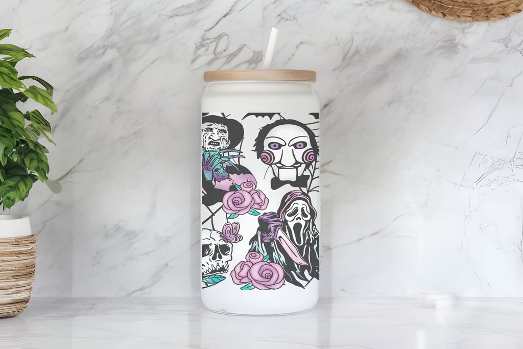Horror Icons with Roses & Skulls Design 16 oz Frosted Glass Cup with Bamboo Lid & Straw