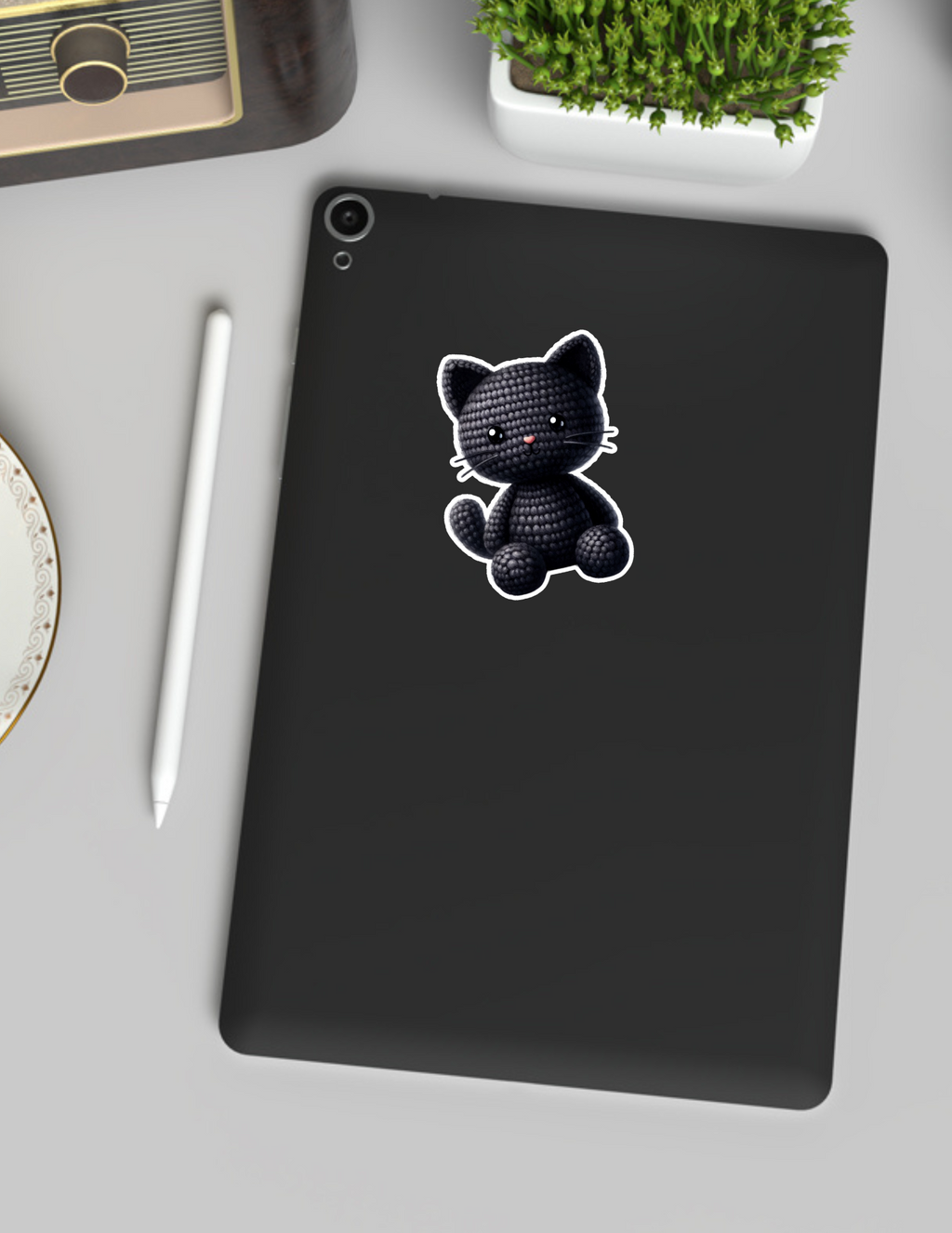 Adorable Crochet Black Cat Kawaii Sticker