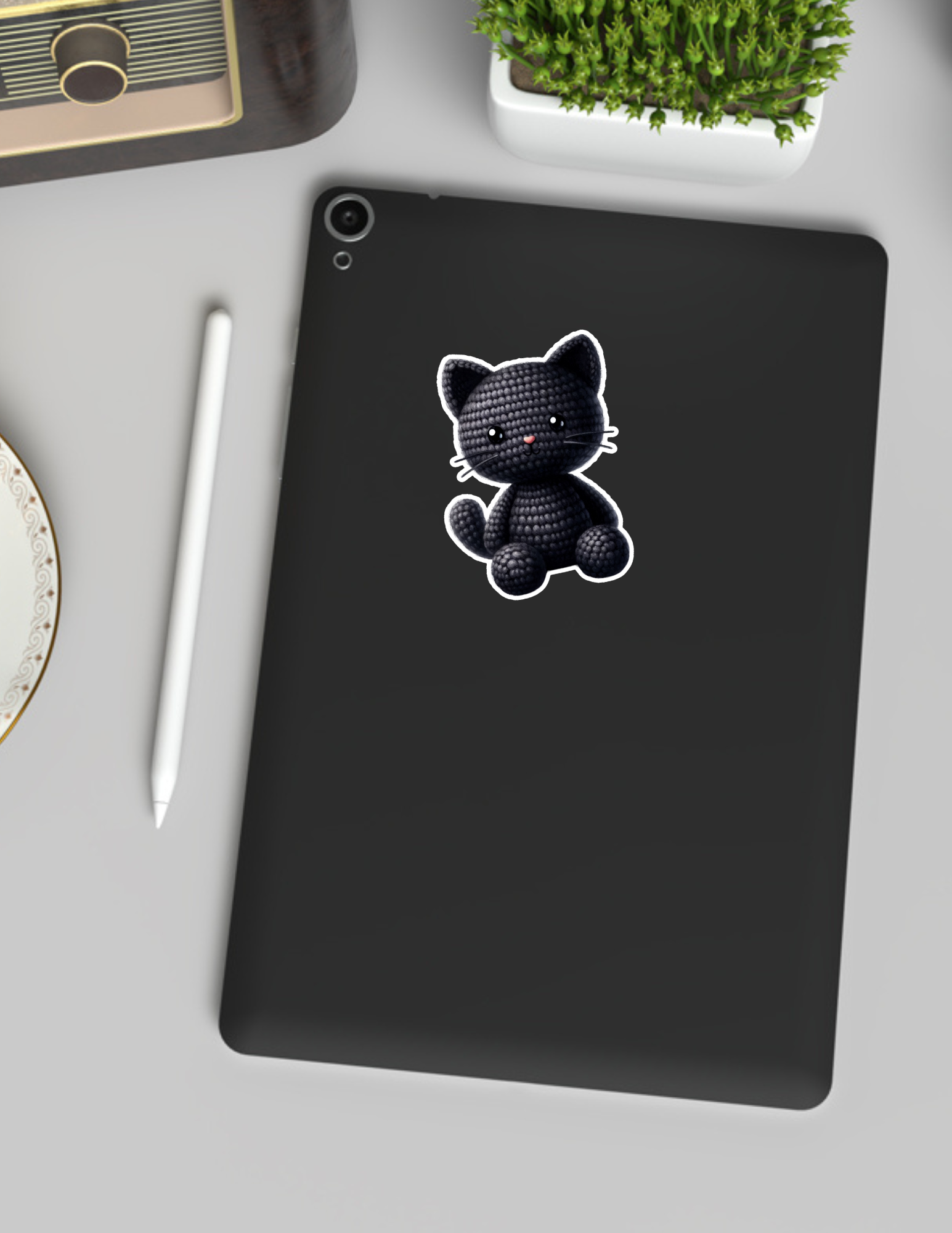 Adorable Crochet Black Cat Kawaii Sticker