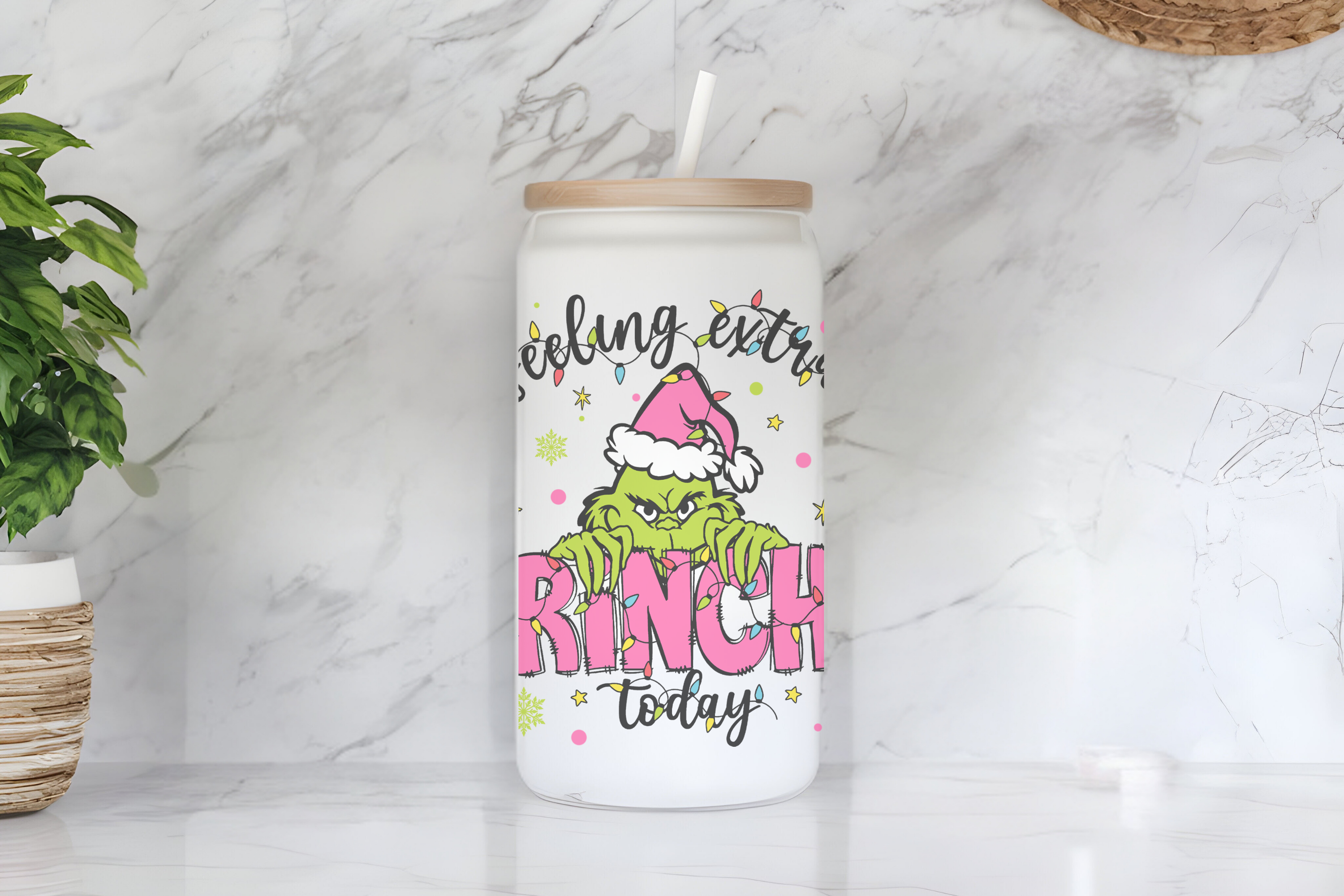 Feeling Extra Grinchy Today 16 oz Frosted Glass Cup with Bamboo Lid and Straw