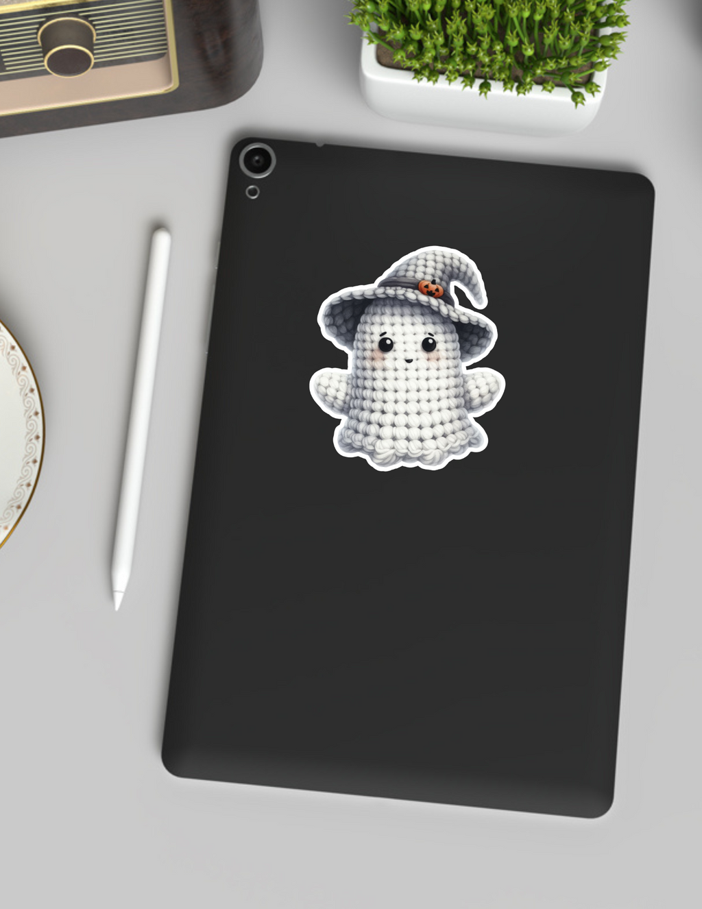 Crochet Ghost with Witch Hat Kawaii Sticker