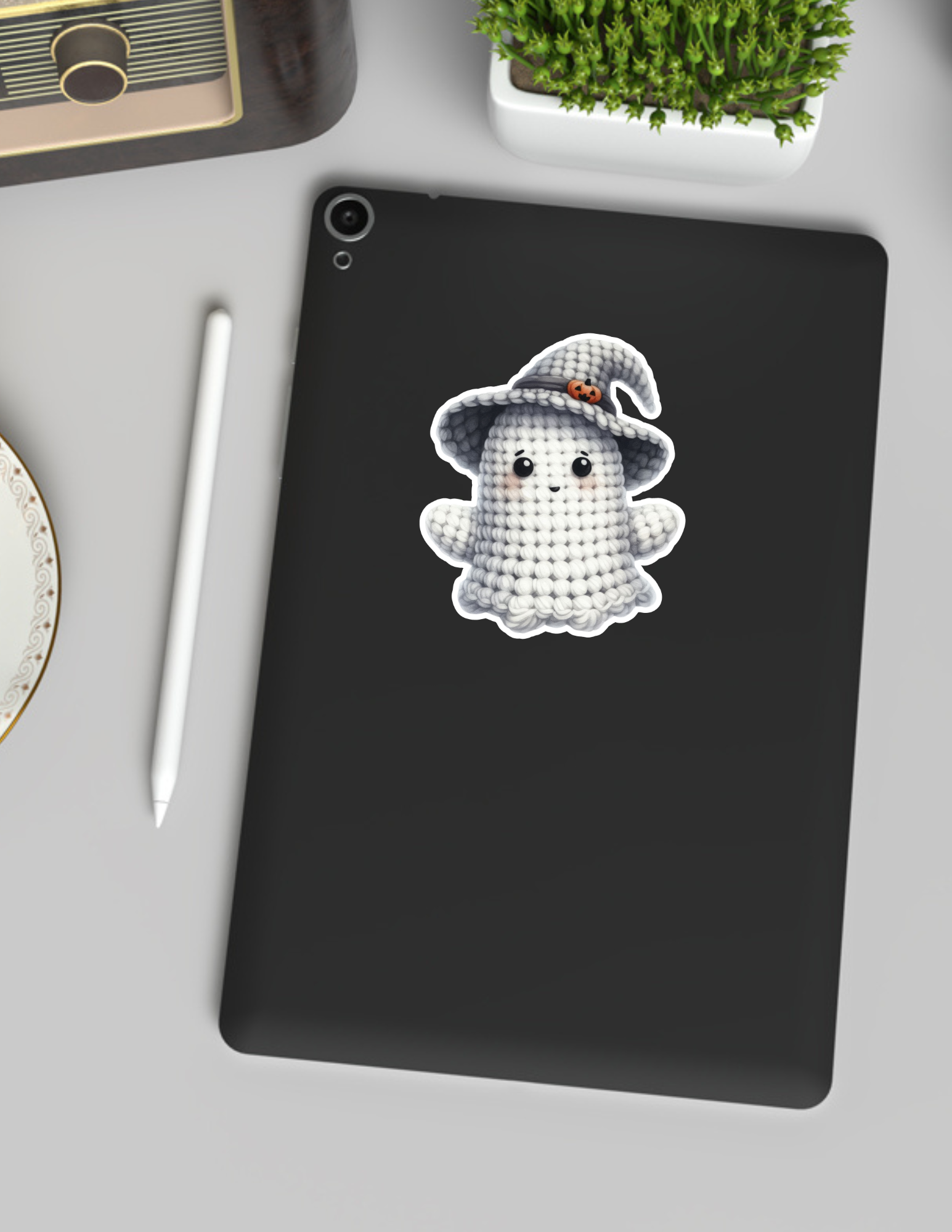 Crochet Ghost with Witch Hat Kawaii Sticker