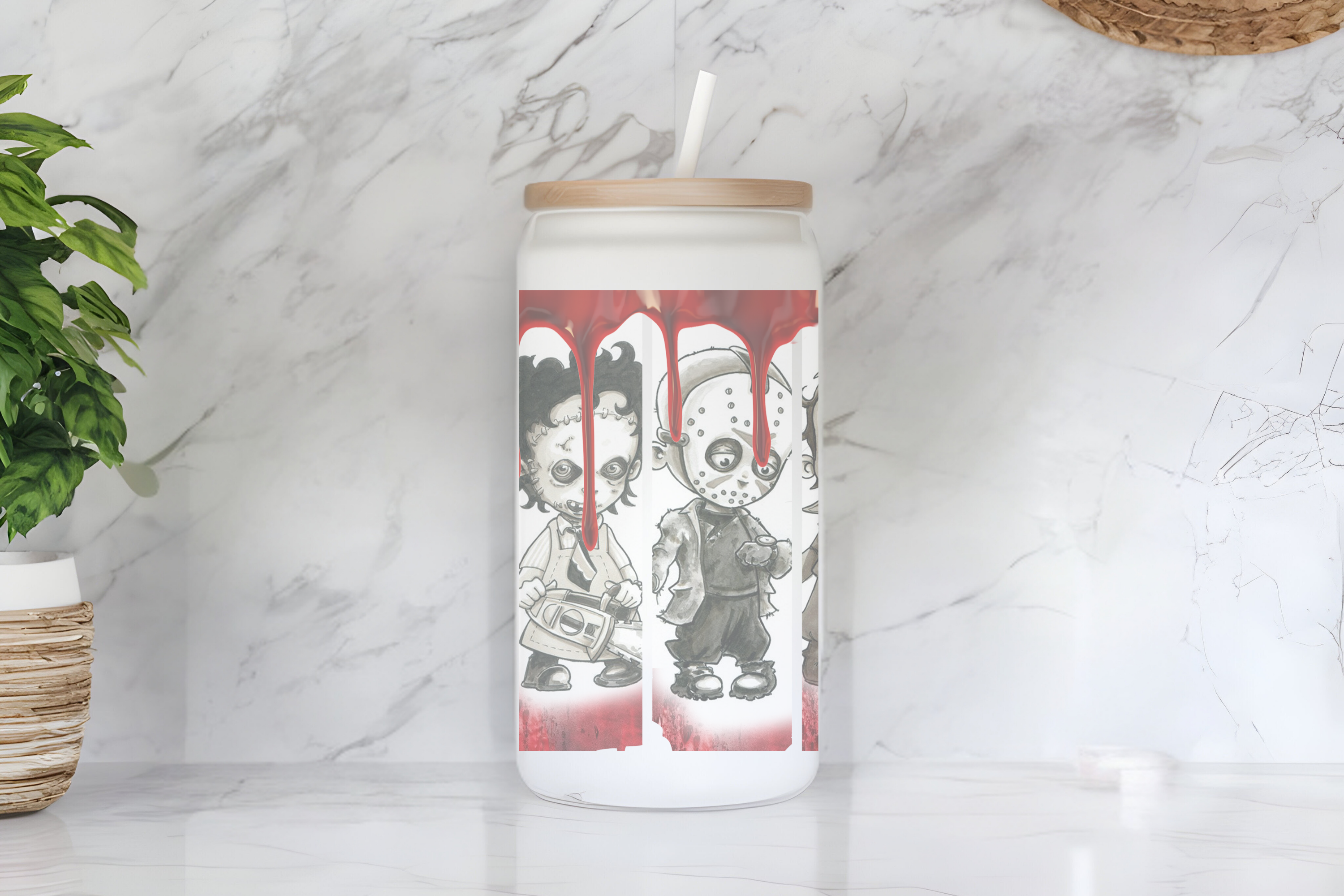 Chibi Horror Villains 16 oz Frosted Glass Cup with Bamboo Lid & Straw