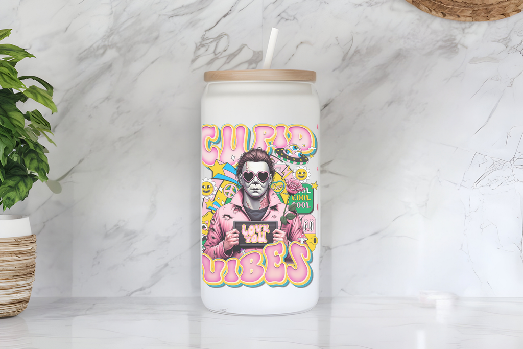Michael Myers "Cupid Vibes" Valentine's Day Design 16 oz Frosted Glass Cup with Bamboo Lid & Straw