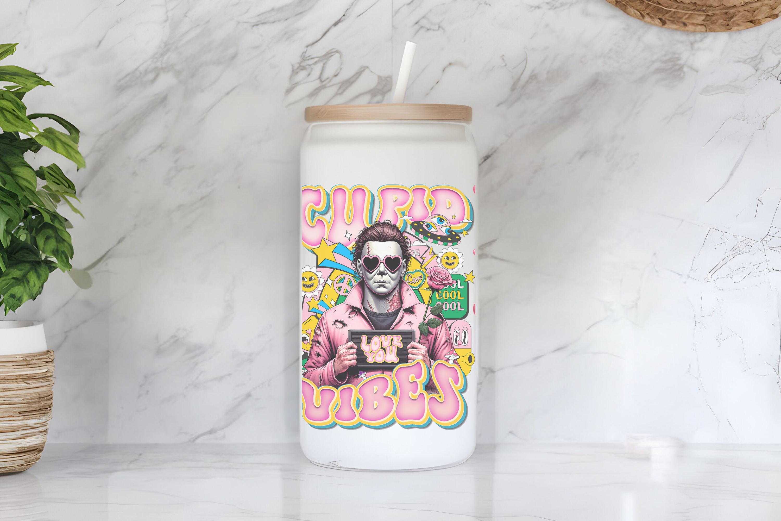 Michael Myers "Cupid Vibes" Valentine's Day Design 16 oz Frosted Glass Cup with Bamboo Lid & Straw