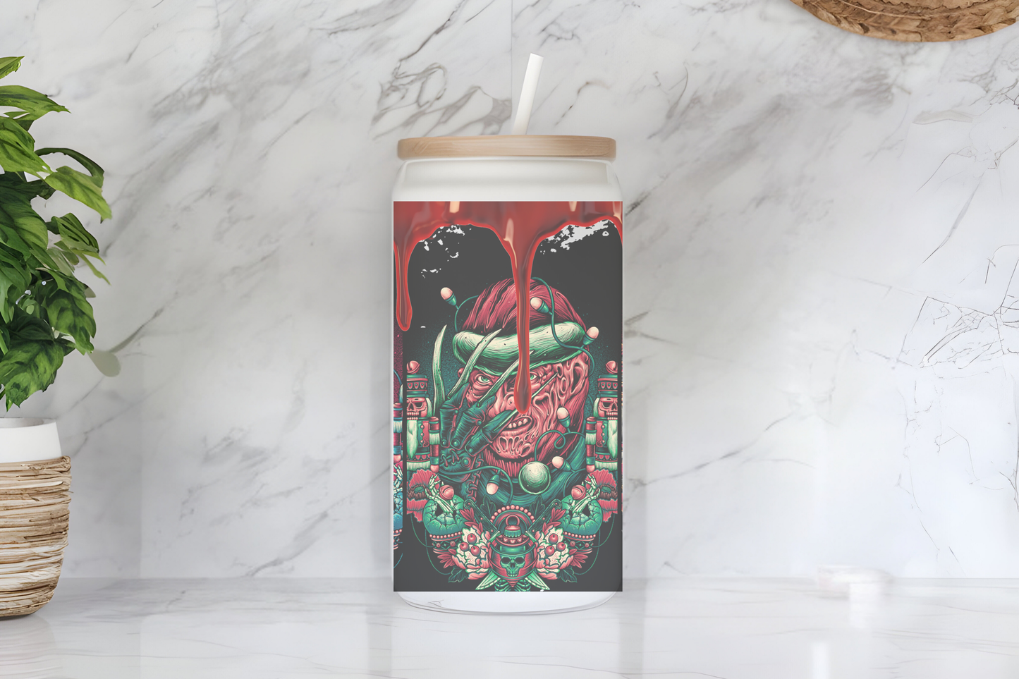 Christmas Horror-Themed Frosted Glass Cup - 16oz with Bamboo Lid & Straw