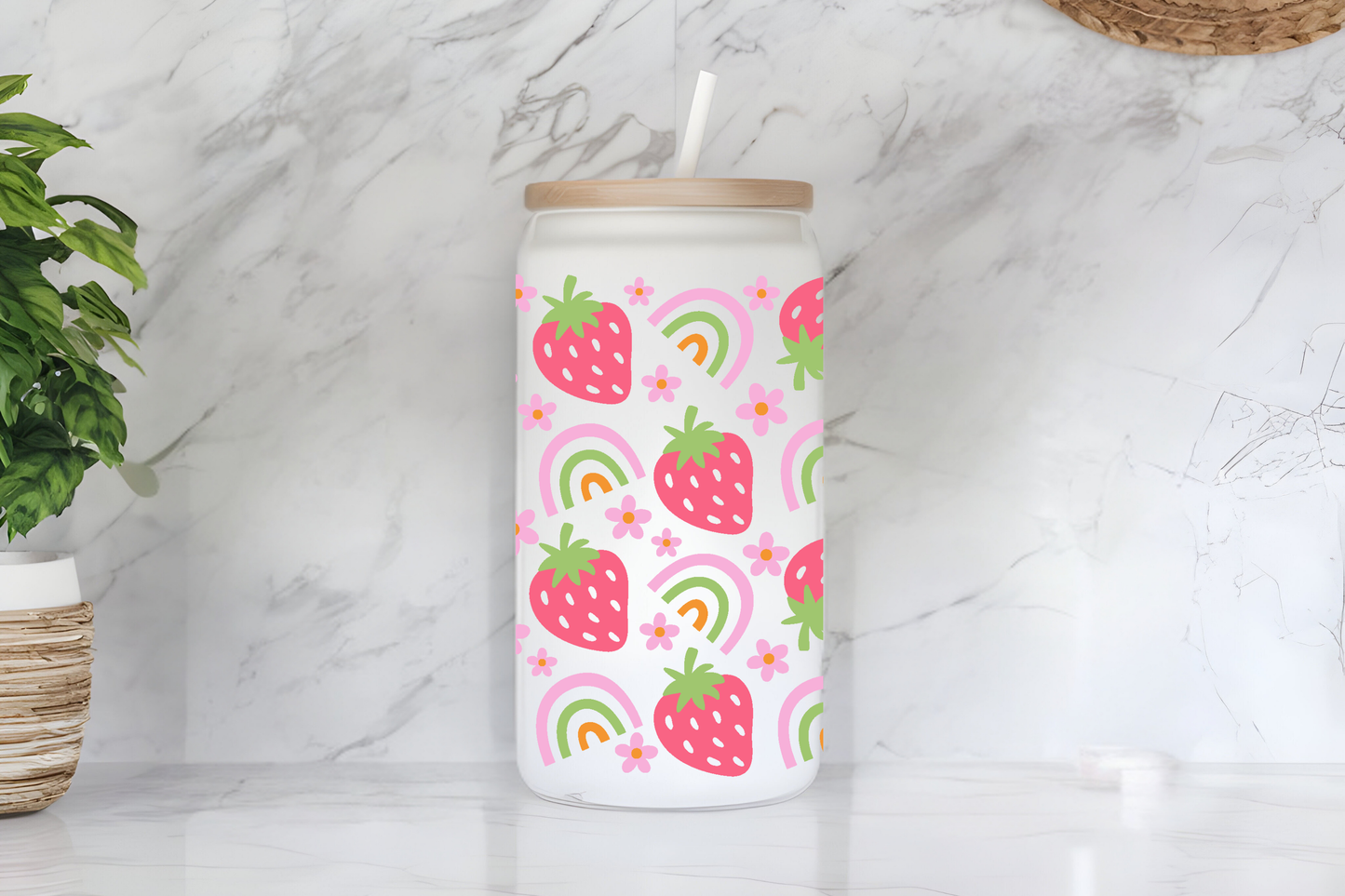 Cute Strawberry & Rainbow 16 oz Frosted Glass Cup with Bamboo Lid & Straw