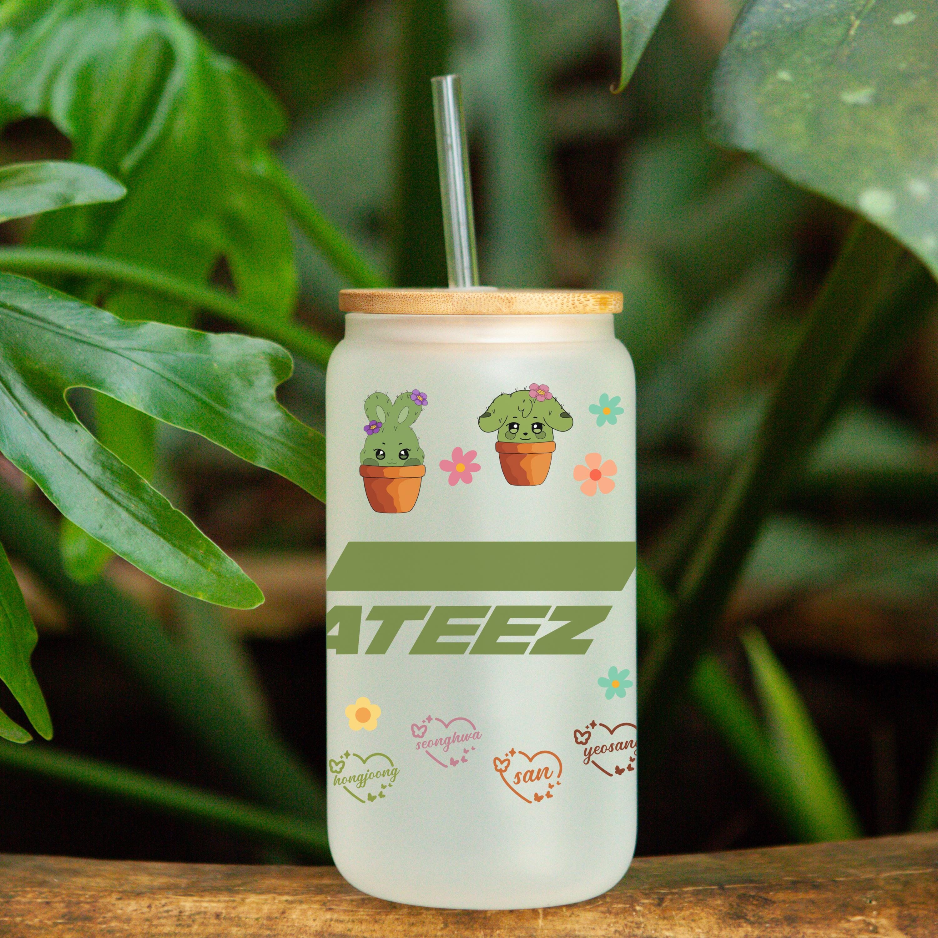 ATEEZ Cactus Frosted Glass Cup with Bamboo Lid - 16 oz