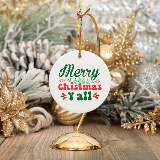 Merry Christmas Yall Ceramic Christmas Ornament  | White  White Elephant Gift | Fun Tradtional Gift | Classic Tree Design