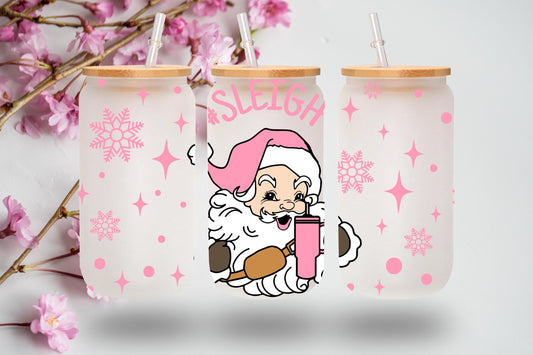 Santa Sleigh 16 oz Frosted Glass Tumbler  Bamboo Lid and Straw |