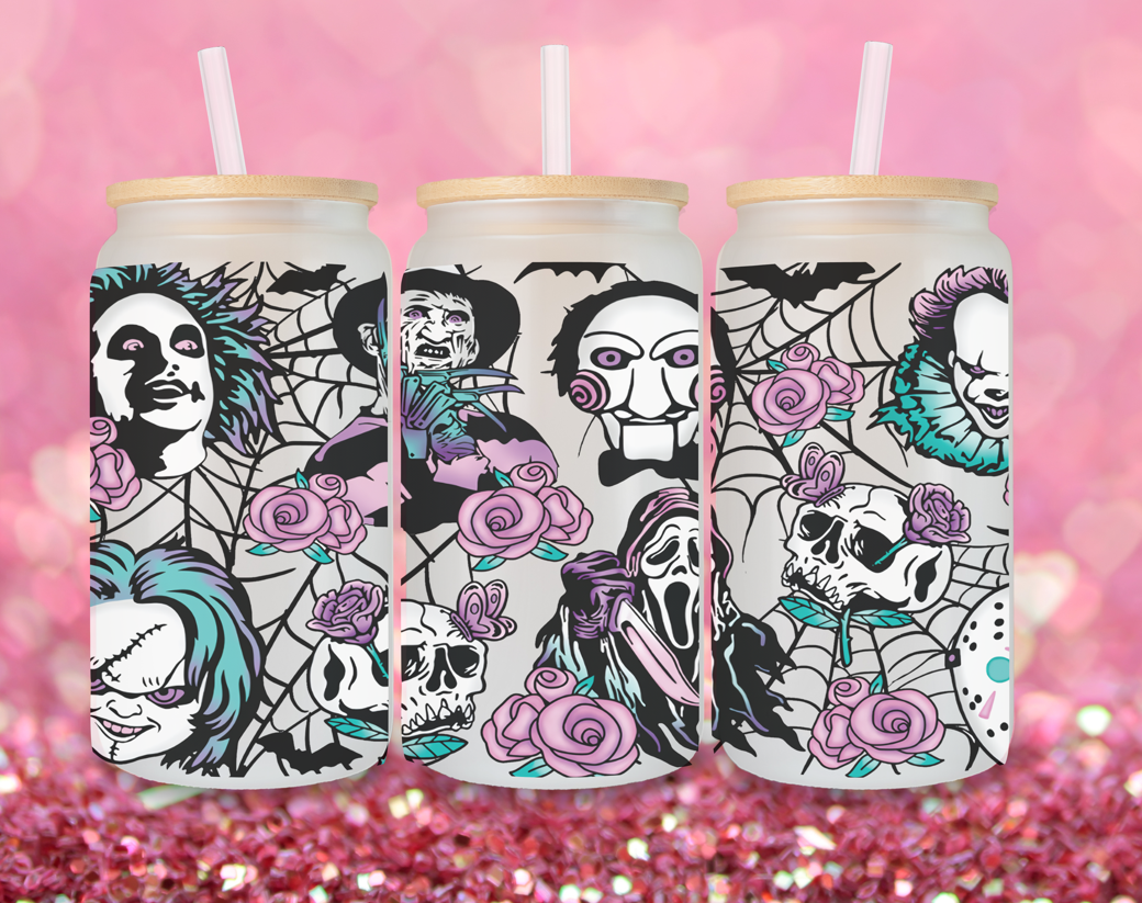 16 oz Horror Icons Frosted Glass Tumbler with Bamboo Lid and Straw