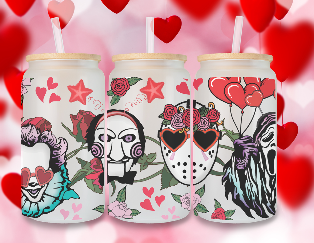 16 oz Horror Icons Valentine's Day Frosted Glass Tumbler with Bamboo Lid and Straw Pennywise, Billy the Puppet, Jason Voorhees, and Ghostface