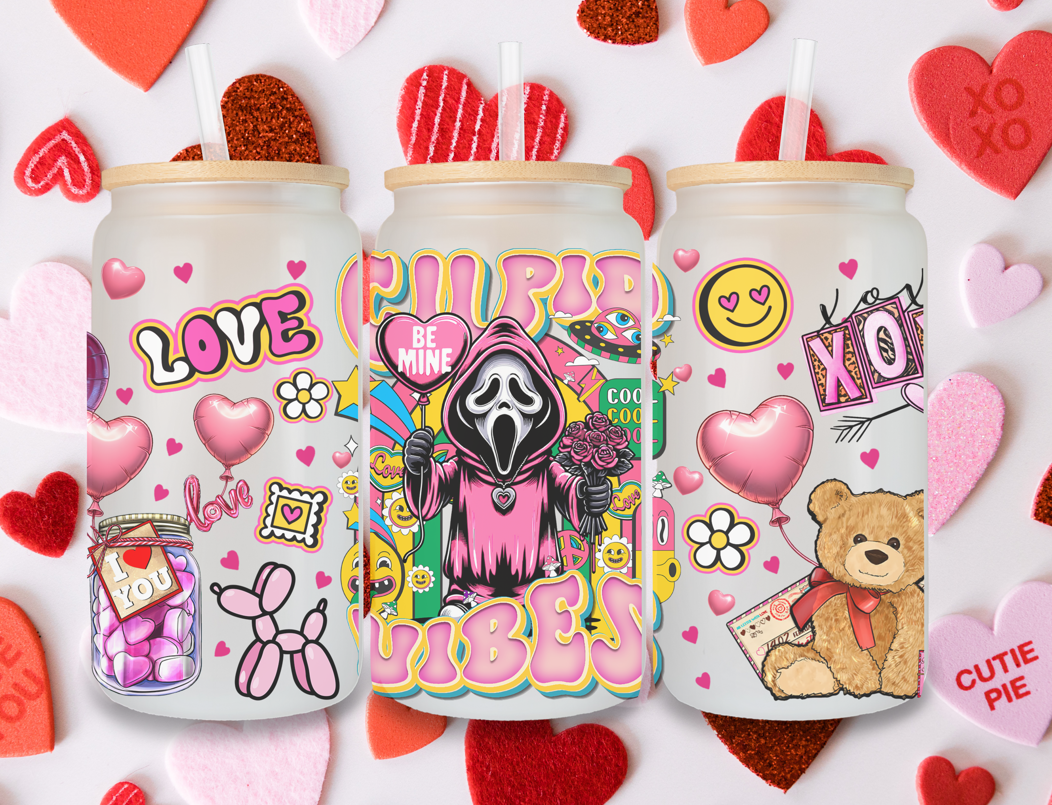 16 oz Cupid Vibes Valentine's Day Frosted Glass Tumbler with Bamboo Lid and Straw Ghostface