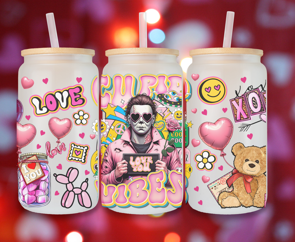 16 oz Cupid Vibes Valentine's Day Frosted Glass Tumbler with Bamboo Lid and Straw Michael Myers