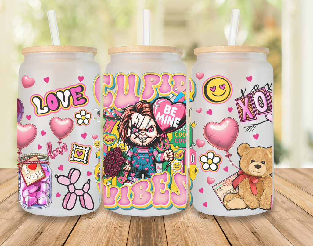16 oz Cupid Vibes Valentine's Day Frosted Glass Tumbler with Bamboo Lid and Straw Chucky V2