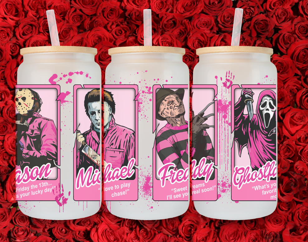 16 oz Horror Valentine's Day Frosted Glass Tumbler with Bamboo Lid and Straw Jason Voorhees, Michael Myers, Freddy Krueger, and Ghostface