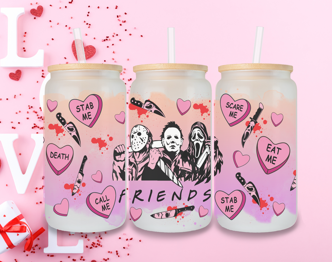 16 oz Horror Valentine's Day "FRIENDS" Frosted Glass Tumbler with Bamboo Lid and Straw Jason Voorhees, Michael Myers, and Ghostface
