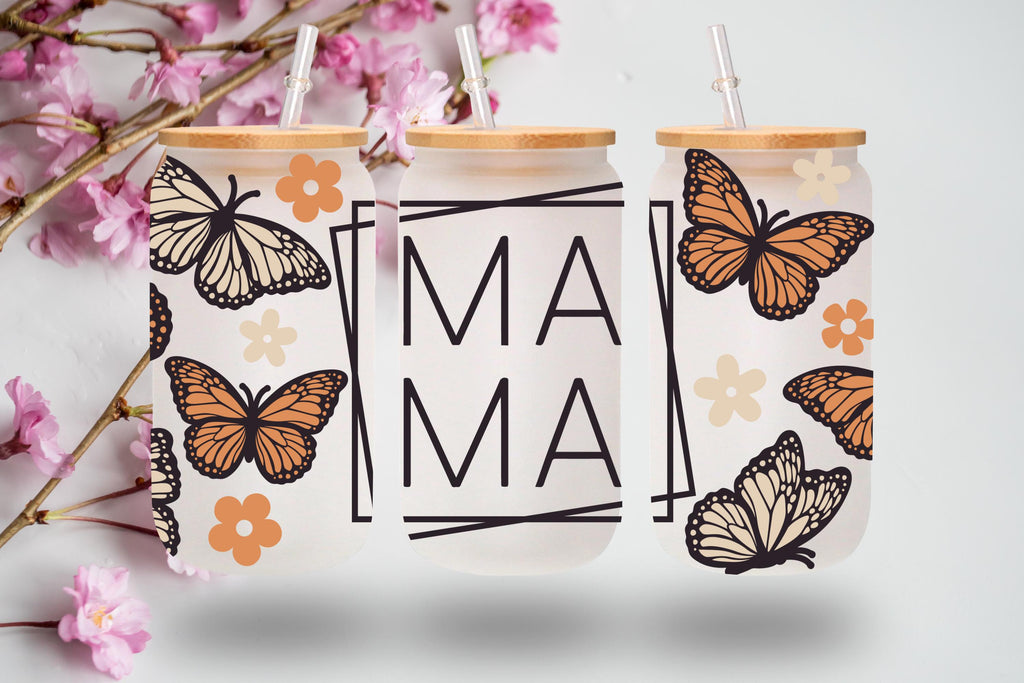 Mama Butterfly 16 oz Frosted Glass Tumbler