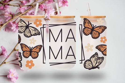 Mama Butterfly 16 oz Frosted Glass Tumbler