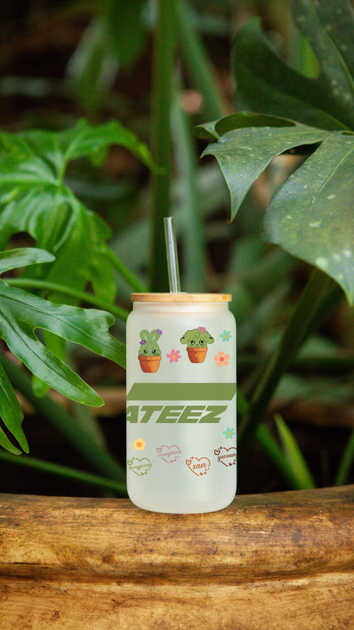 ATEEZ Cactus Frosted Glass Cup with Bamboo Lid - 16 oz
