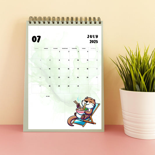Kawaii Ramen-Eating Animals 2025 Digital Printable A4 Size Calendar - Watercolor Art