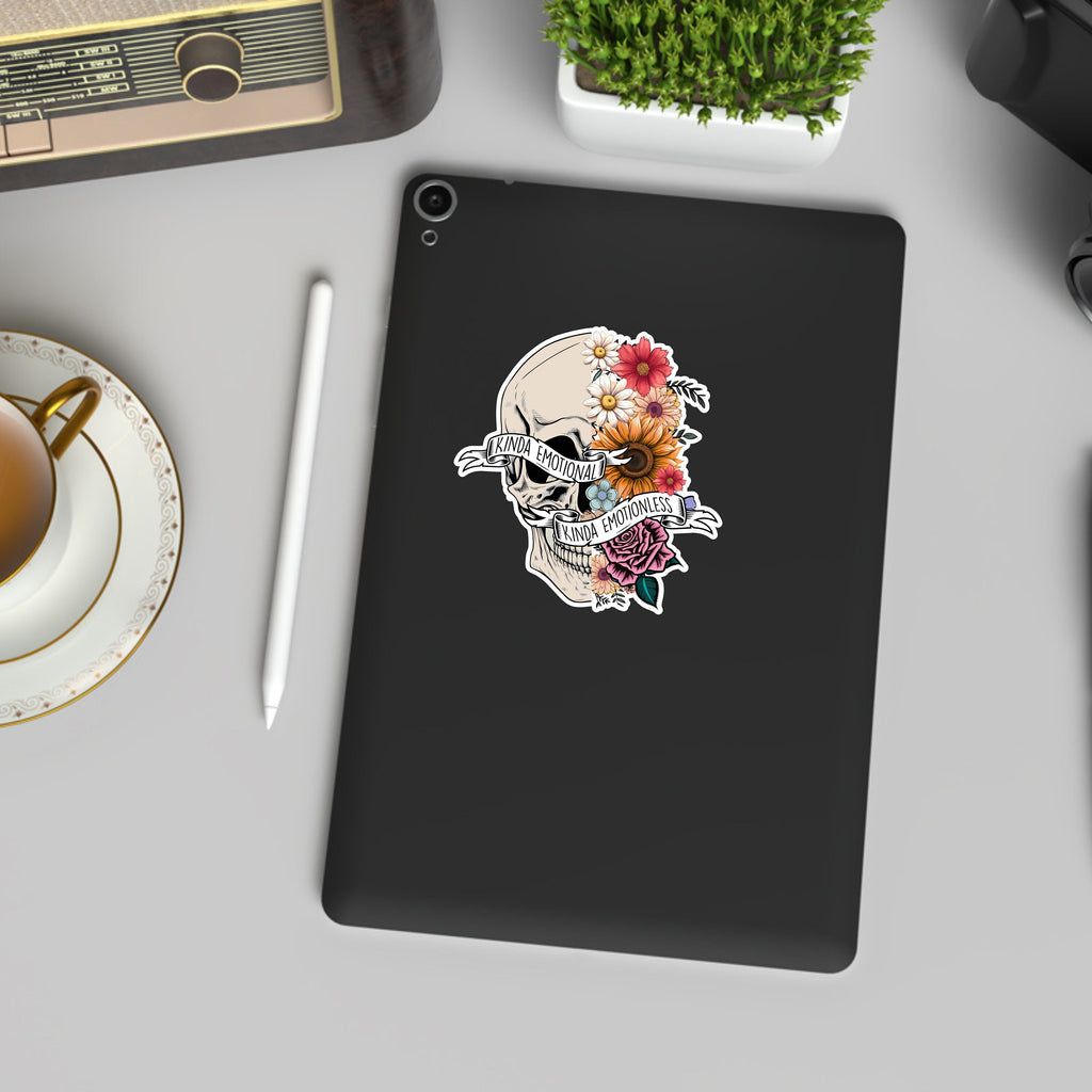 Kinda Emotional, Kinda Emotionless - Skull and Flowers Sticker